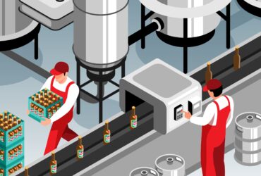 Brewery Isometric Composition Beer bottles conveyor belt operator isometric composition brewery production facility interior vector illustration